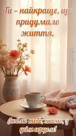 Листівка з теплом дому й щирим визнанням для мами. Листівка для мами з чаєм і квітами на столі та теплими словами любові.