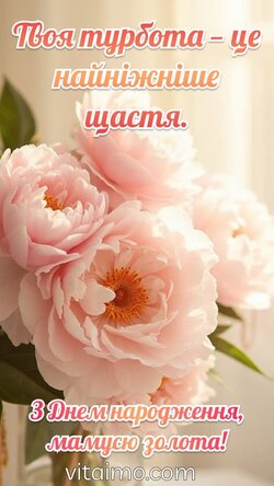 Листівка з теплом і ніжністю для найдорожчої мамусі. Листівка для мамусі з рожевими півоніями та щирими словами про турботу.