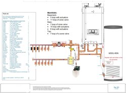 150,000-199,000 BTU boiler and indirect tank with 1¼" header, ECM pump and zone valves going to the manifolds. Diagram for boiler system