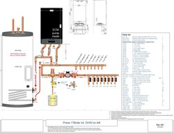 85,000-150,000 BTU boiler and tank for radiant floor and DHW. Boiler has tank on left, with 1" header and zone valves. Boiler has internal primary pump.