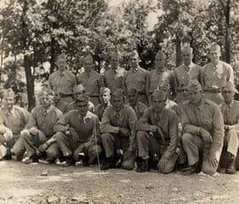 Photo of the 192nd Tank Battalion Medical detachment taken at Ft. Knox in 1941. 1st Row: (Left to Right) Capt. Salmon, M.D., S/Sgt. Howard Massey, Unknown, Pvt. Marvin Jaeger, Pfc. Charles Jensen, Lt. Alvin Poweleit, M. D., 2nd Row: (Left to Right) Unknown, Unknown, Cpl. John Reynolds, Unknown, Pvt. Donald Norris, Unknown, Unknown 3rd Row: (Left to Right) Pfc. Ardel Schei, Unknown, Unknown, Pvt. Martin Wasserman, Pvt. Wilbur Lindsey, Pfc. Charles Massey, Pfc. Paul Moser
Courtesy of the Marvin Jaeger Family Photo of the 192nd Tank battalion Medical detachment taken at Ft. Knox in 1941.