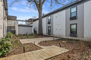 Spacious outdoor space featuring a paved walkway, a large tree, and minimal landscaping, perfect for relaxation or outdoor living.
