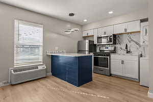 Stylish kitchen with stainless steel appliances and marble backsplash.