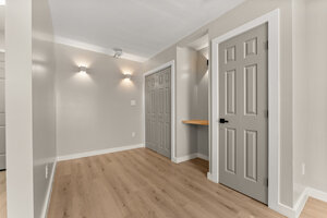 Bright minimalist room with sleek gray doors and warm hardwood flooring.