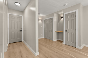 Bright, clean interior hallway featuring gray doors, light wood floors, and contemporary lighting.