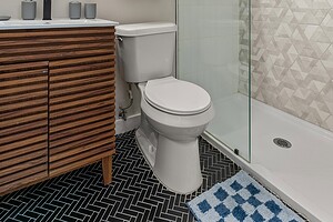 Stylish bathroom with walk-in shower, modern fixtures, and elegant decor elements.