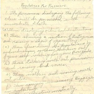 After the war, Elmer Bensing of D Company wrote down the rules the prisoners were expected to follow on the Hell Ships. - Courtesy of the Bensing Family Bensing POW Rules