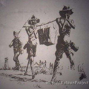 POWs share the load by carrying two five gallon cans of water on a pole on to Camp O'Donnell. The reason was the camp did not have an adequate water supply.
Courtesy of Ben Steele © POWs share the load
