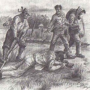 In this drawing by Ben Steele, a POW who fell is bayoneted by a Japanese guard. This was a common occurance on the march.
Courtesy of Ben Steele Steeledm2