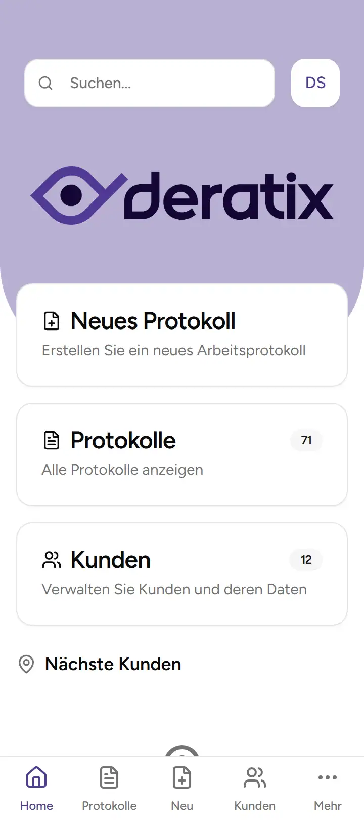 Deratix mobile app dashboard