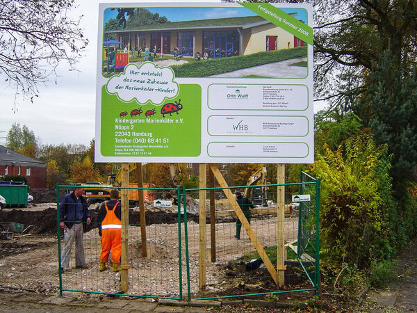 Bauschilder als Hinweis für einen Neubau an der Hamburger Alster. Aludibondplatten mit Digitaldruck als Bauschild und einer Unterkonstruktion aus weiß lackiertem Holz
