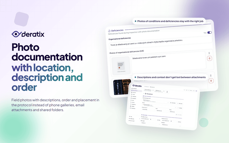 Photo documentation with location, descriptions, and ordering