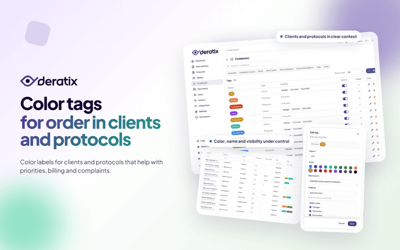 Tags for clients and protocols to track priorities, complaints, and status