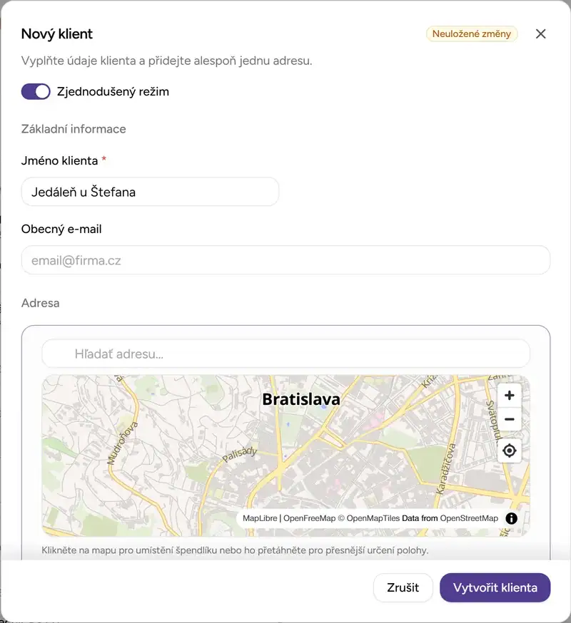 Zjednodušený režim vytvoření klienta - Desktop