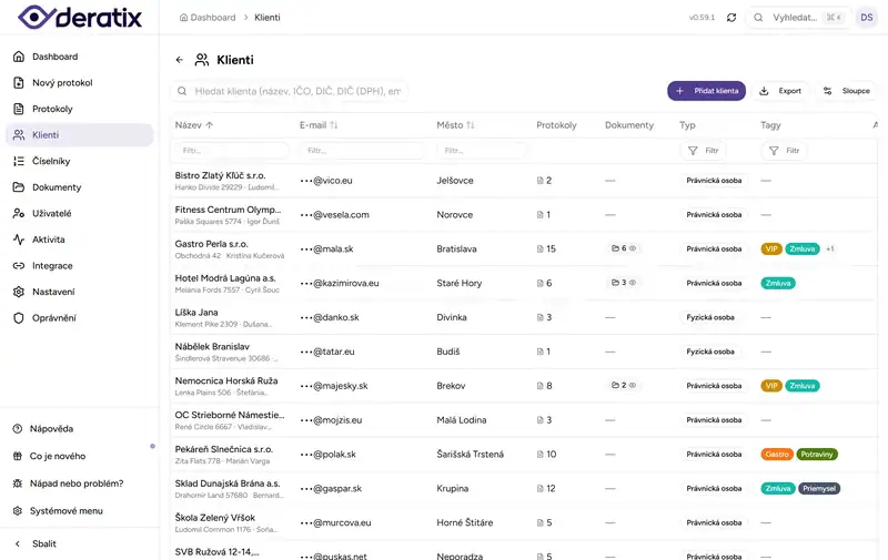 Deratix Správa klientů — desktop application screenshot showing the feature in action