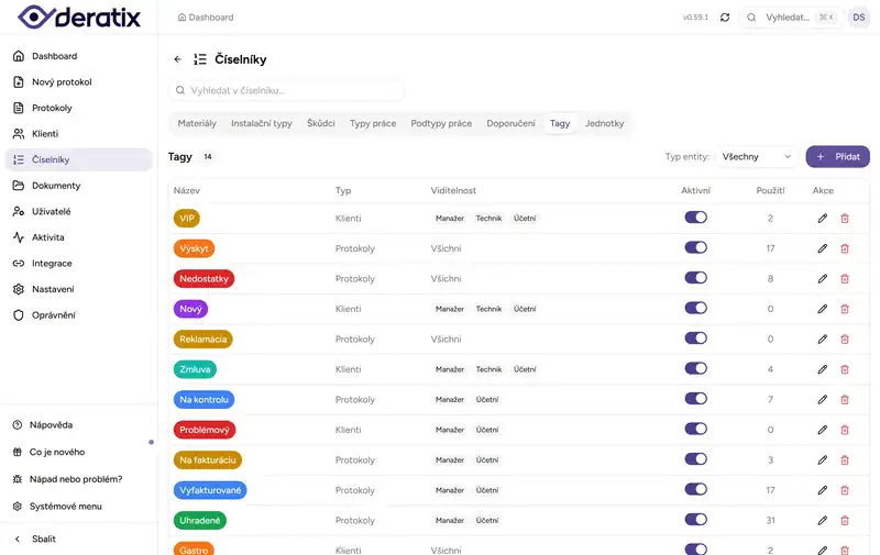 Přehled tagů v číselnících - Desktop