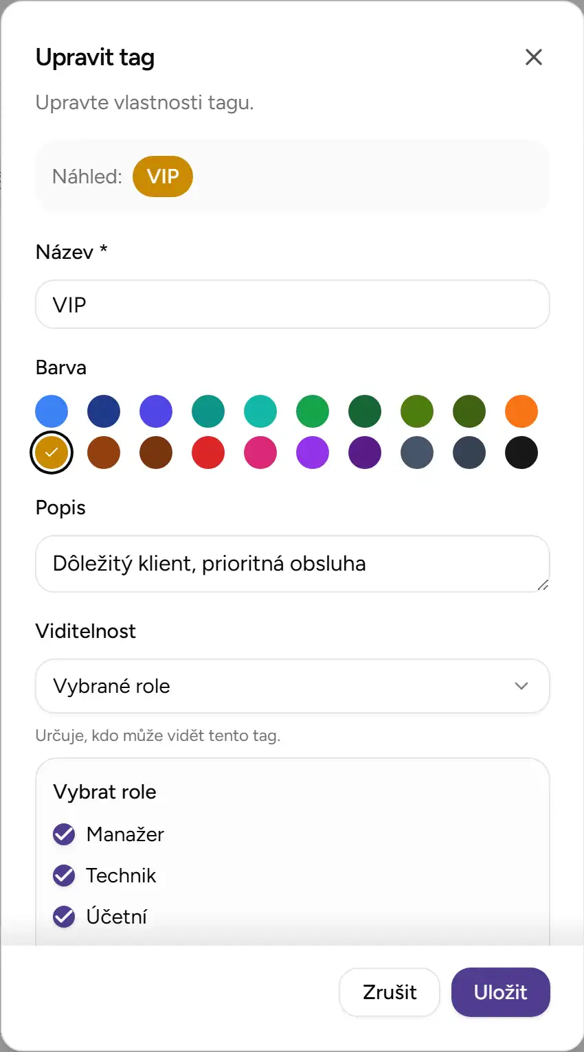 Nastavení názvu, barvy a viditelnosti tagu - Desktop