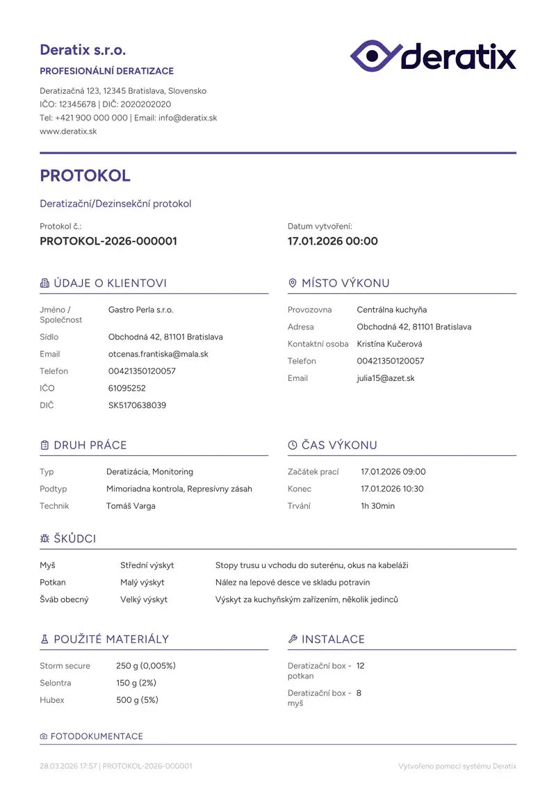 Deratix Generování PDF protokolu — desktop application screenshot showing the feature in action