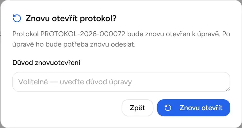 Dialog pro znovuotevření protokolu s důvodem úpravy - Desktop