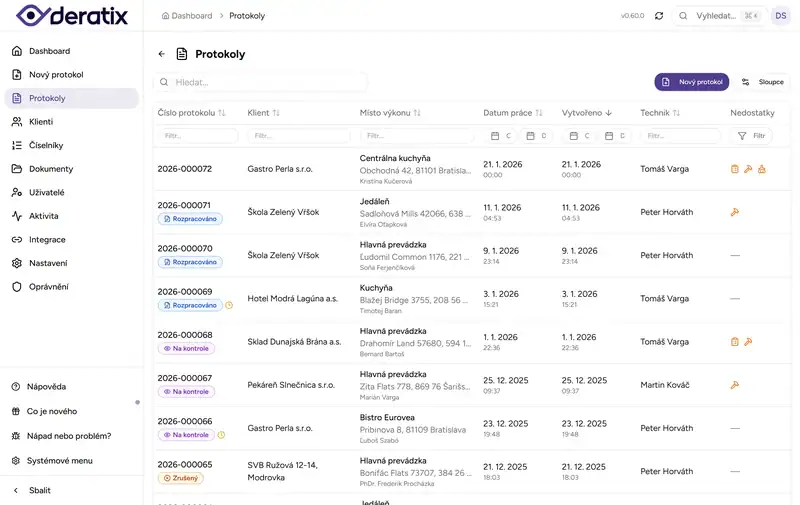Seznam protokolů s barevnými stavy - Desktop