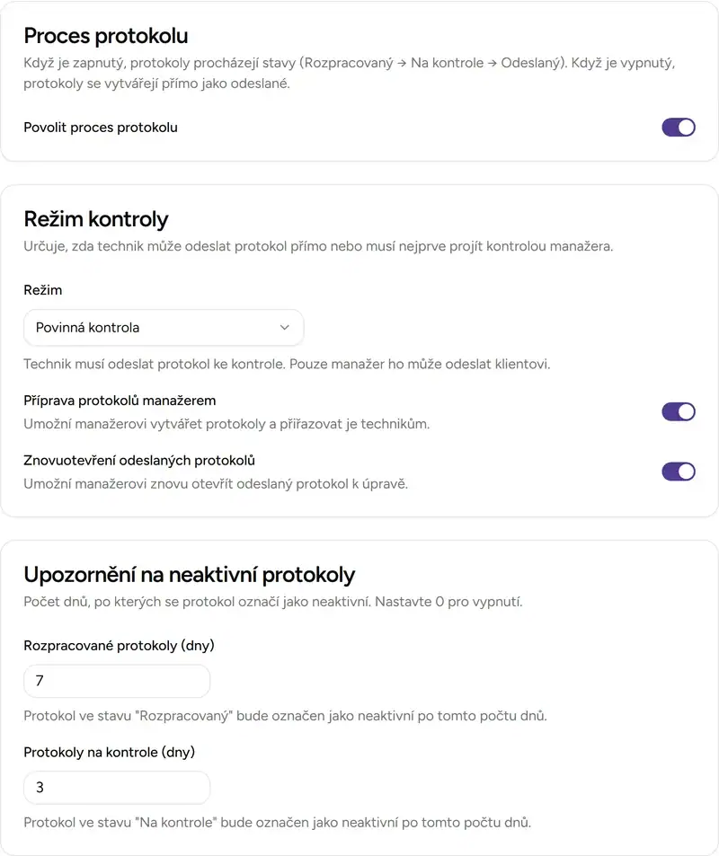 Nastavení workflow v záložce Protokol - Desktop