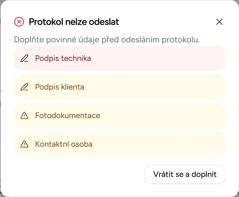 Validační dialog před odesláním protokolu - Desktop