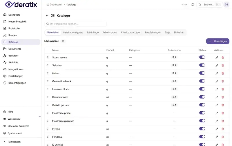 Deratix Benutzerdefinierte Kataloge — desktop application screenshot showing the feature in action