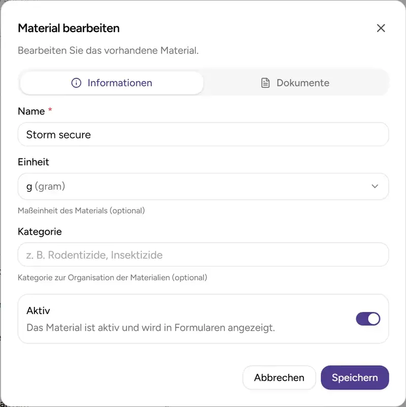 Dialog Material bearbeiten - Desktop
