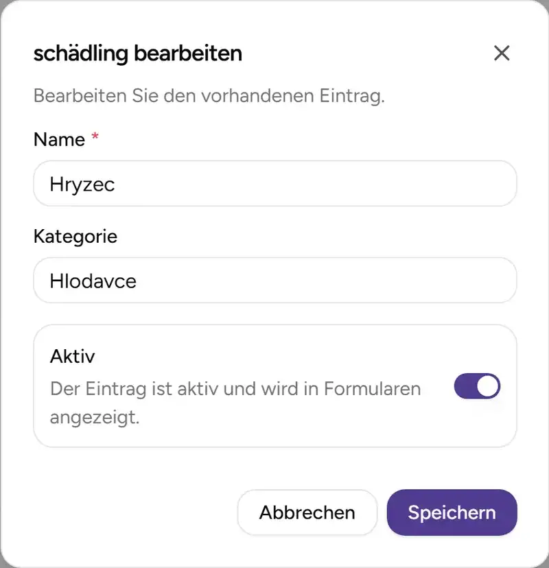 Dialog zum Bearbeiten eines Schädlings - Desktop