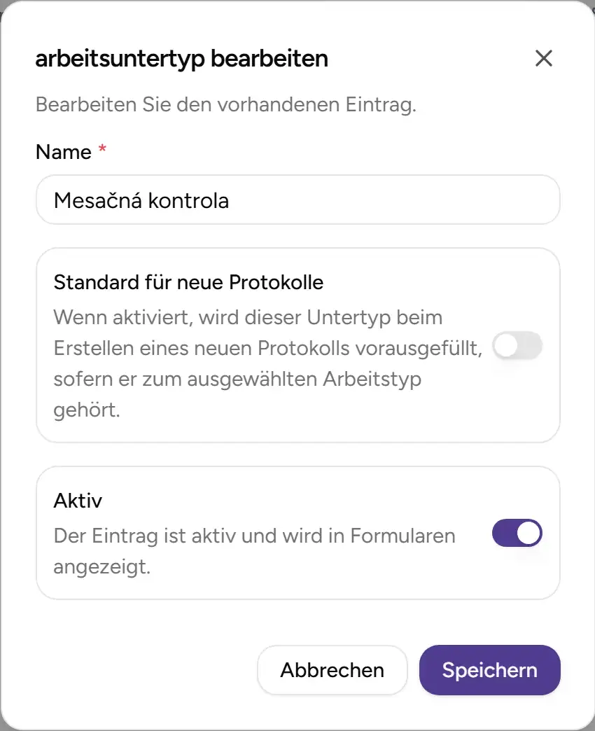 Dialog zum Bearbeiten des Arbeitsuntertyps - Desktop