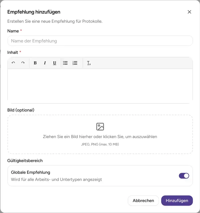 Dialog zum Bearbeiten einer Empfehlung - Desktop