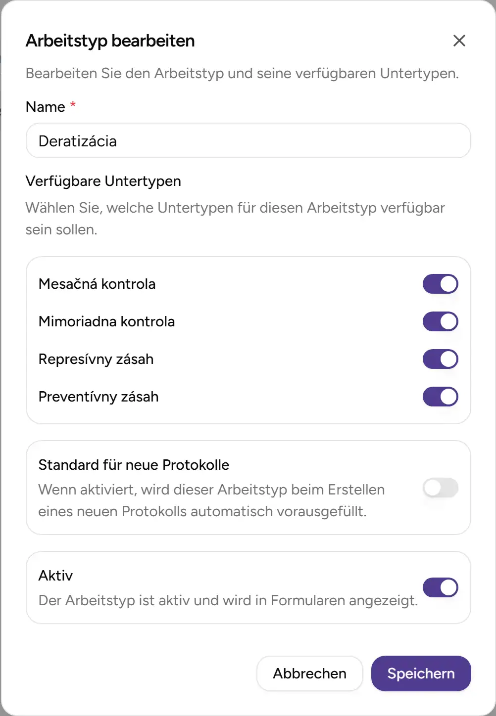 Dialog zum Bearbeiten des Arbeitstyps - Desktop