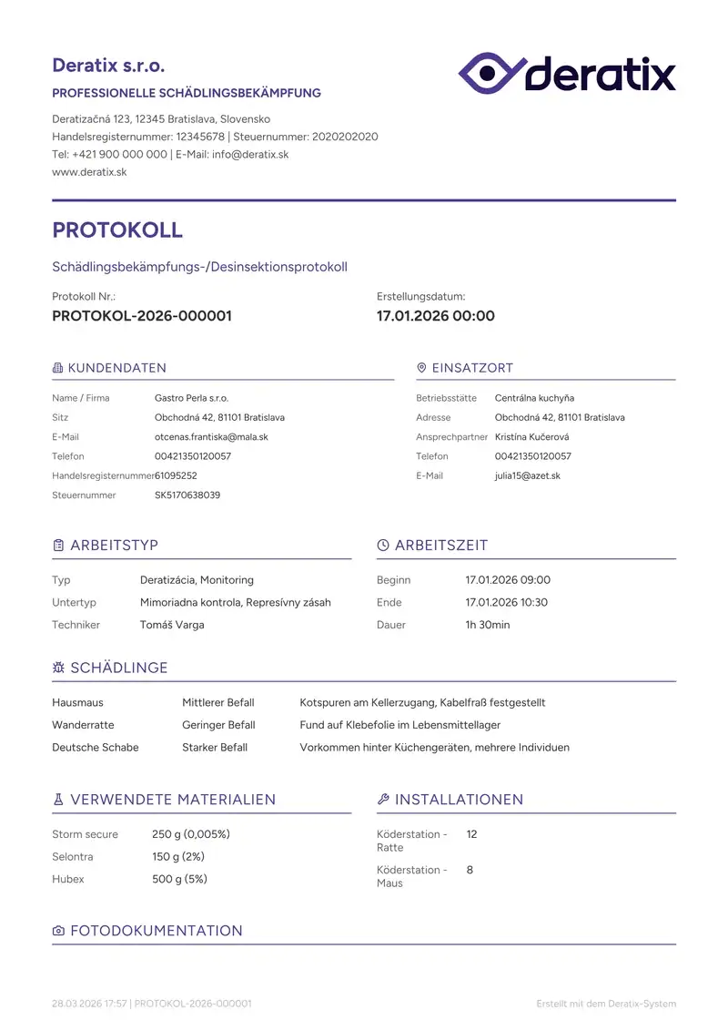 Deratix PDF-Protokoll­erstellung — desktop application screenshot showing the feature in action