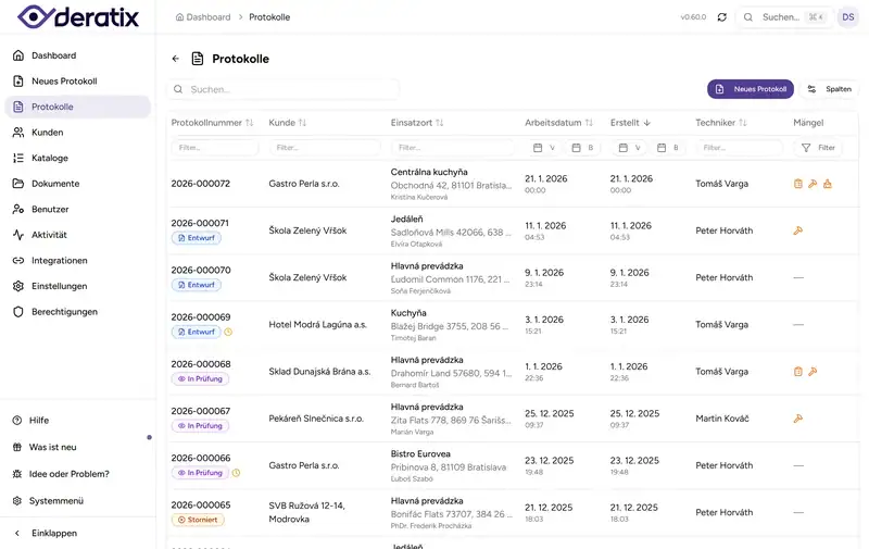 Protokollliste mit farbigen Statusanzeigen - Desktop