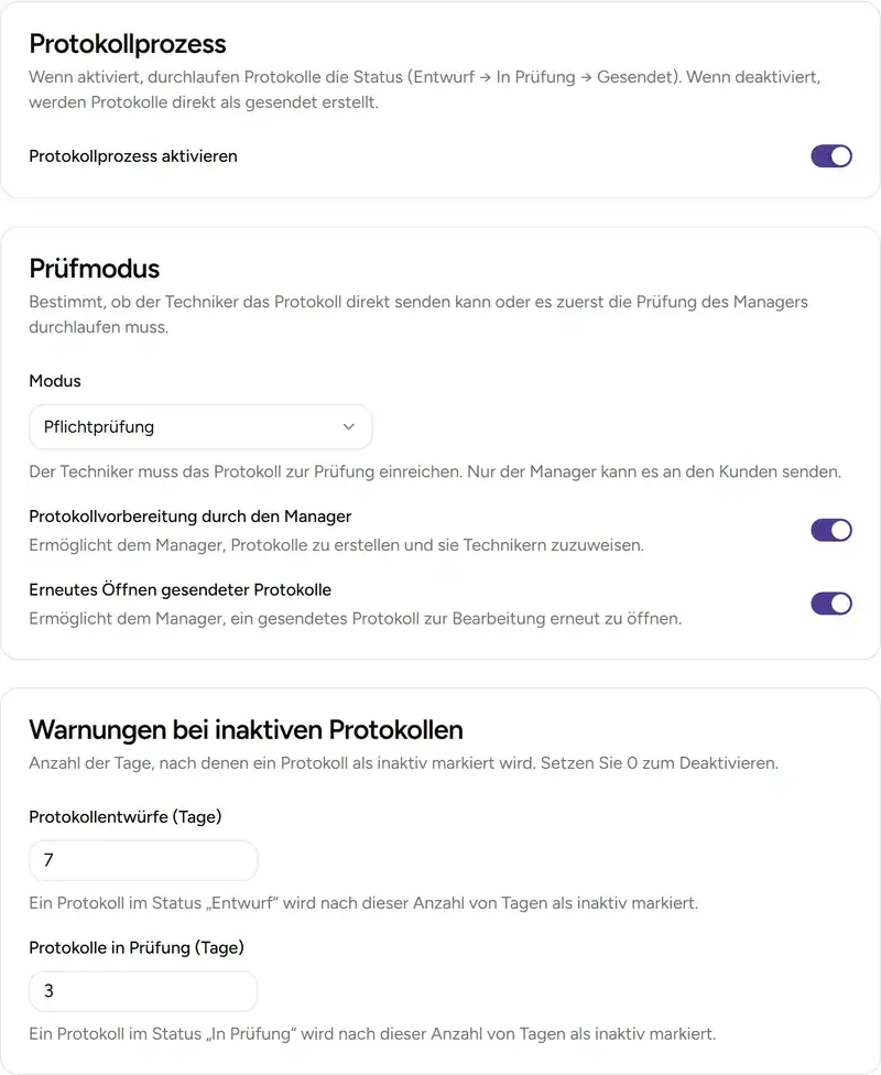 Workflow-Einstellungen im Reiter Protokoll - Desktop
