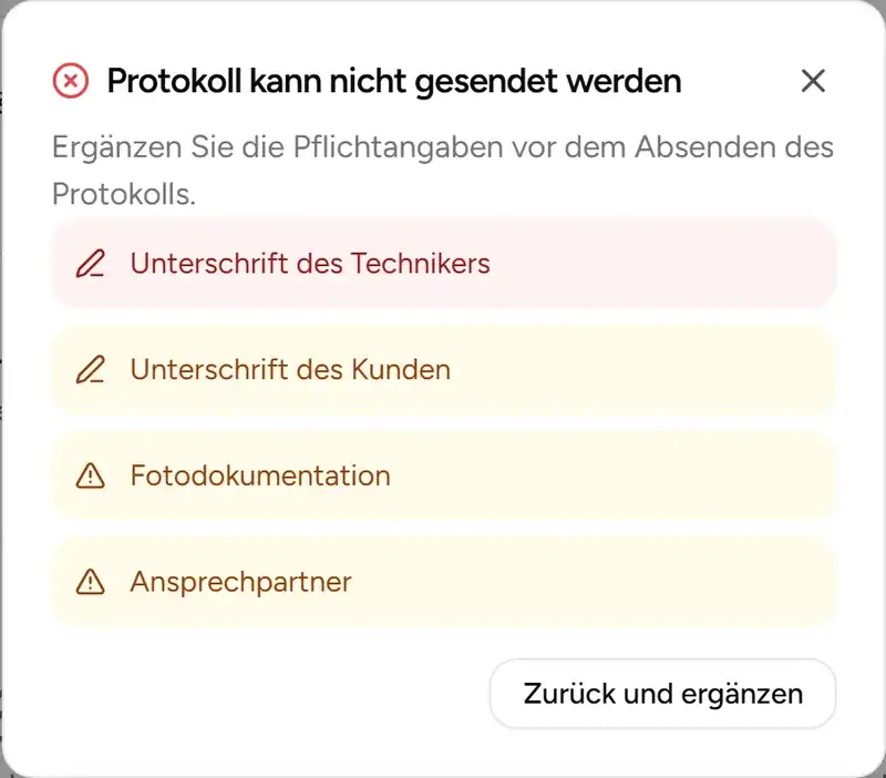 Validierungsdialog vor dem Absenden des Protokolls - Desktop