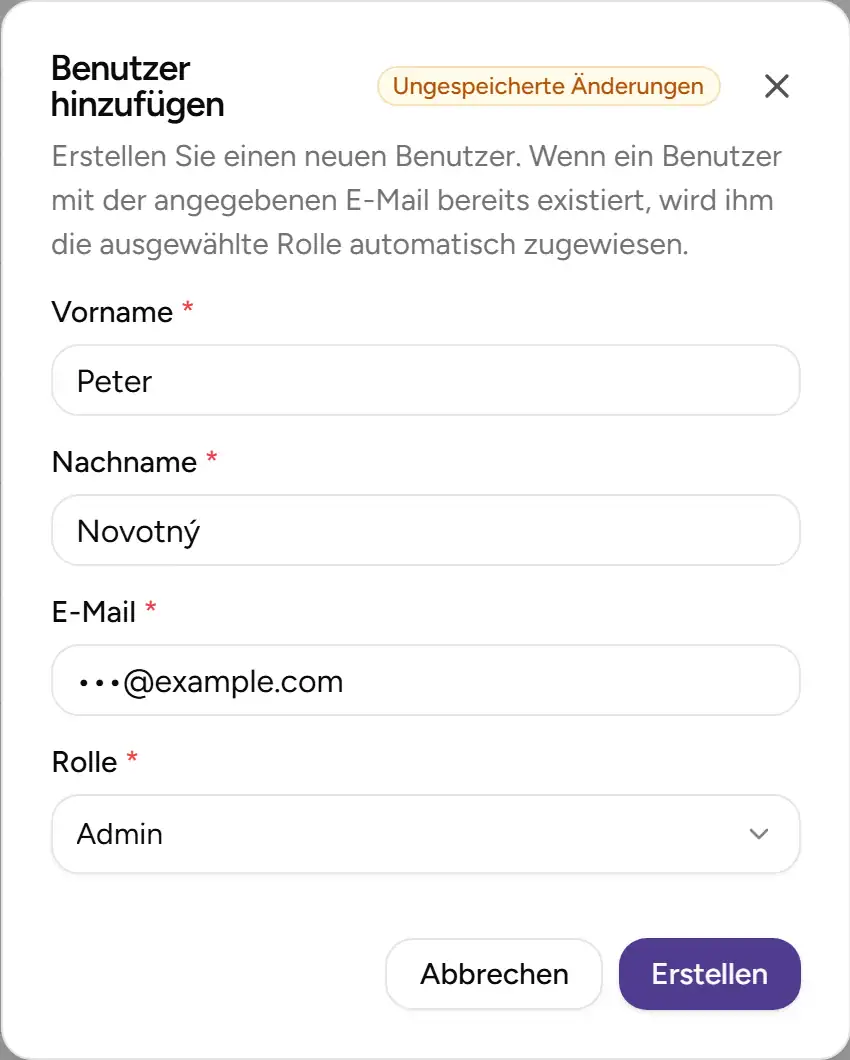 Dialog zum Hinzufügen eines Benutzers mit der Rolle Admin - Desktop