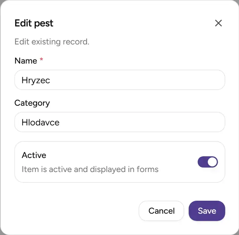 Pest edit dialog - Desktop