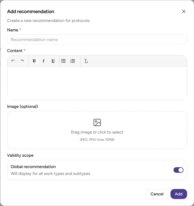 Recommendation edit dialog - Desktop