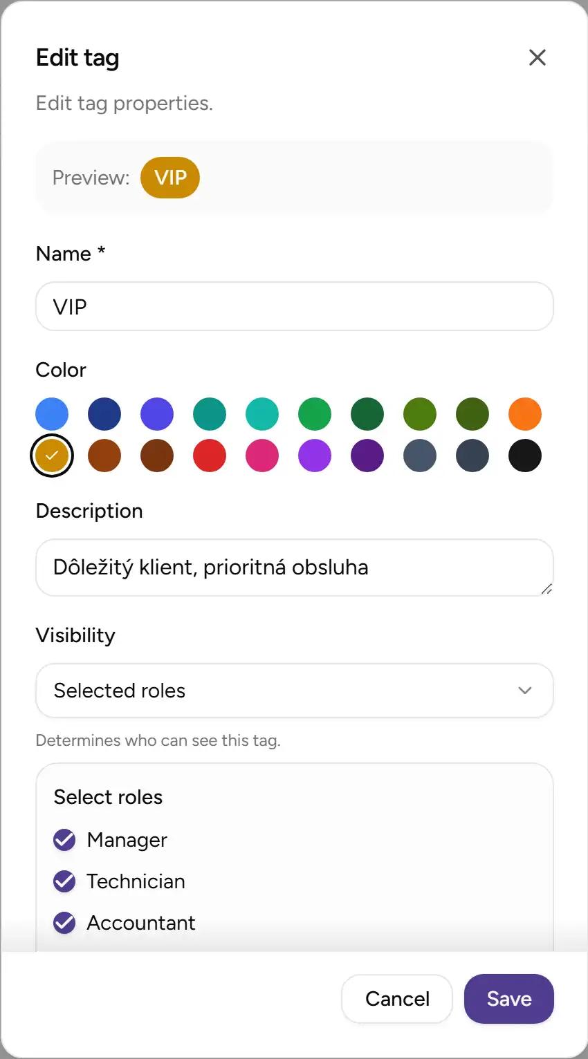 Setting tag name, color, and visibility - Desktop