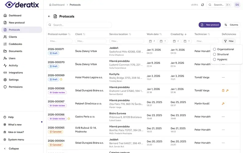 Protocol history with the deficiency filter open - Desktop