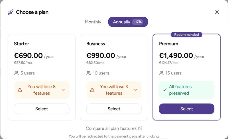 Plan selection in the app - Desktop