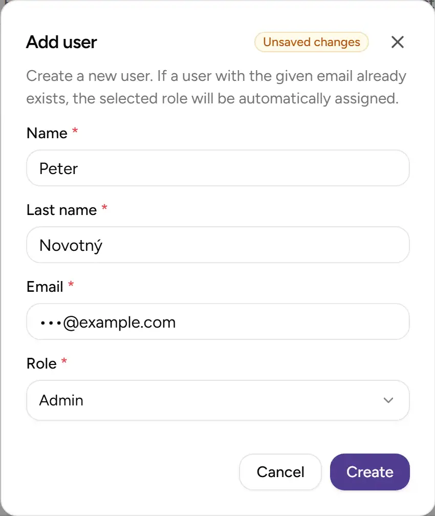 User dialog with the Admin role - Desktop