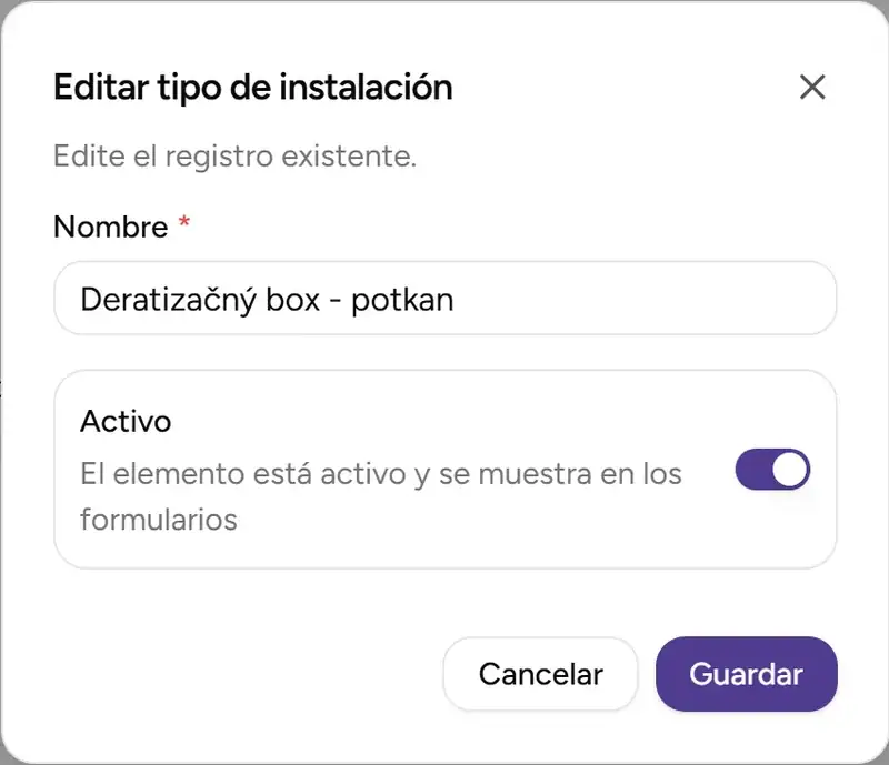 Diálogo de edición de tipo de instalación - Desktop