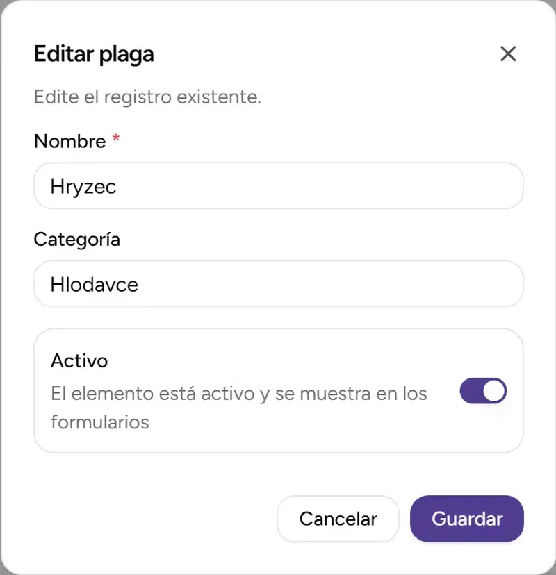 Diálogo de edición de plaga - Desktop