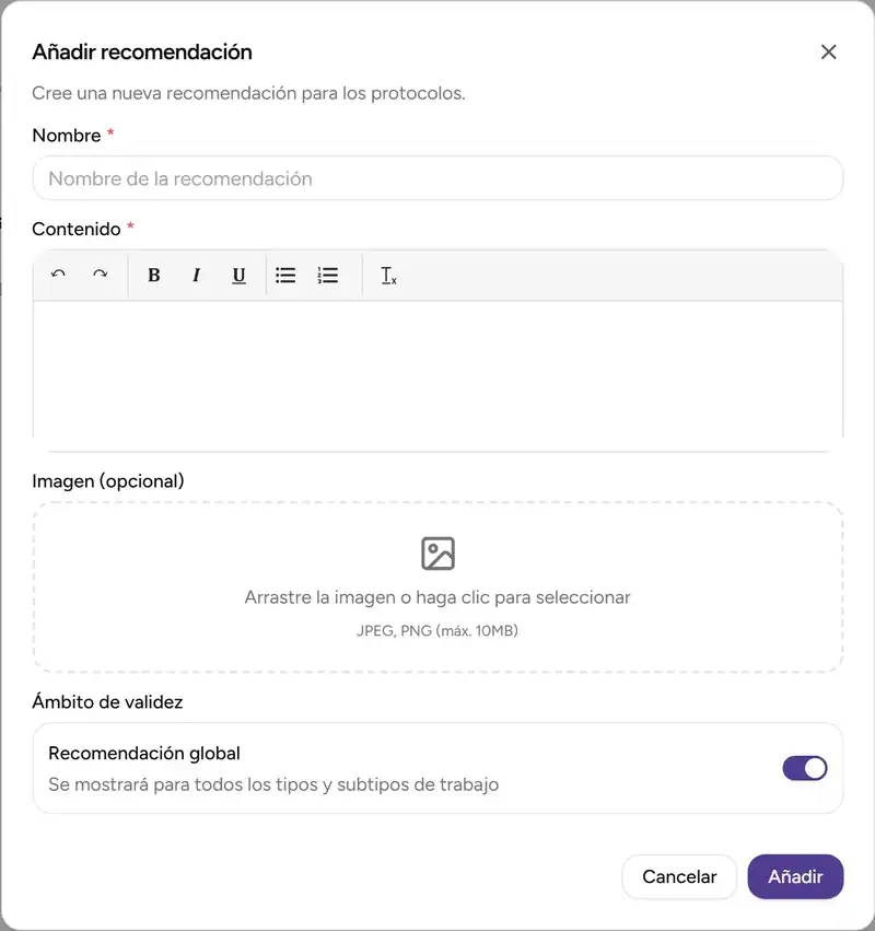 Diálogo de edición de recomendación - Desktop
