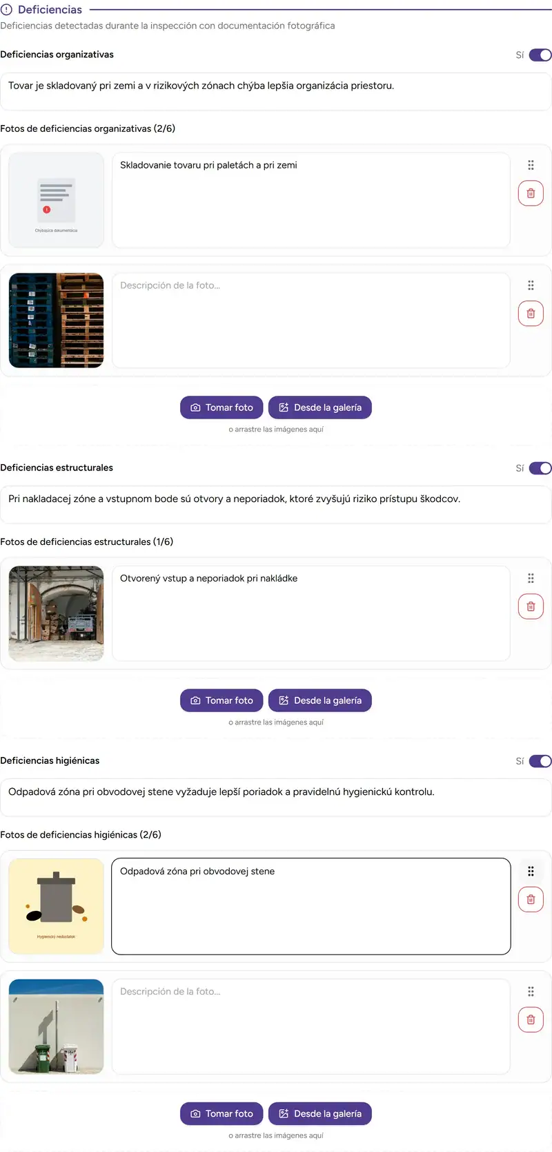 Deratix Seguimiento de deficiencias — desktop application screenshot showing the feature in action