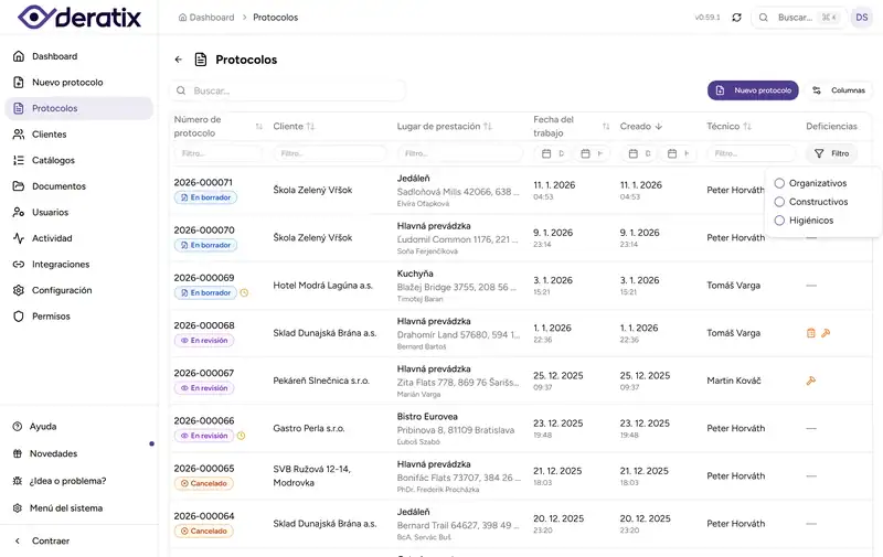 Historial de protocolos con el filtro de deficiencias abierto - Desktop