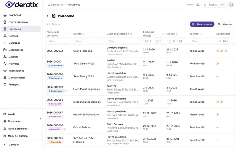 Listado de protocolos con estados en color - Desktop