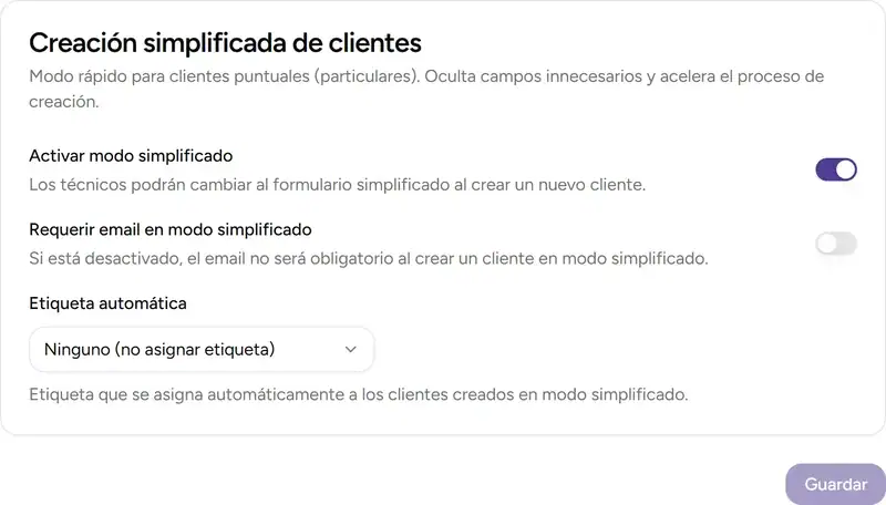Ajustes de clientes - Desktop